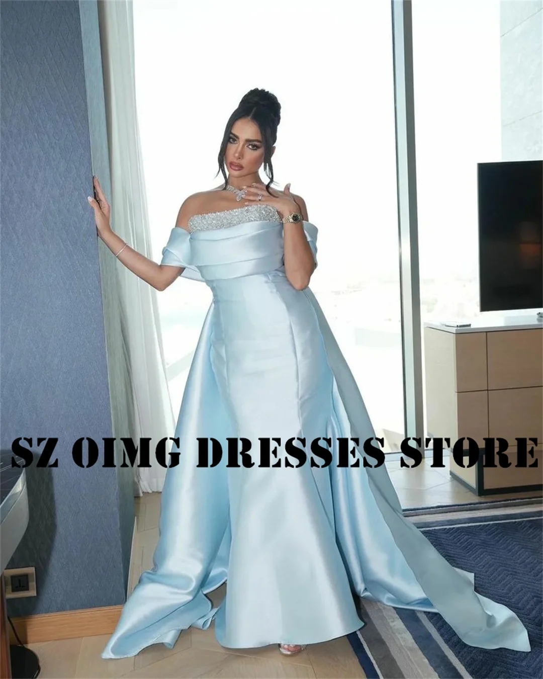 

OIMG New Design Satin Sequined Prom Dresses Arabic Women Ruched Off the Shoulder Sky Blue Evening Gowns Formal Party Dress