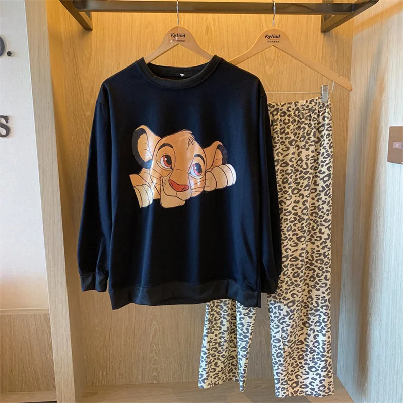 Disney Cartoon Lion King Simba Pajamas Women's Spring Autumn Long-sleeved Trousers New Girl 2pcs Leopard Print Homewear Suit 5