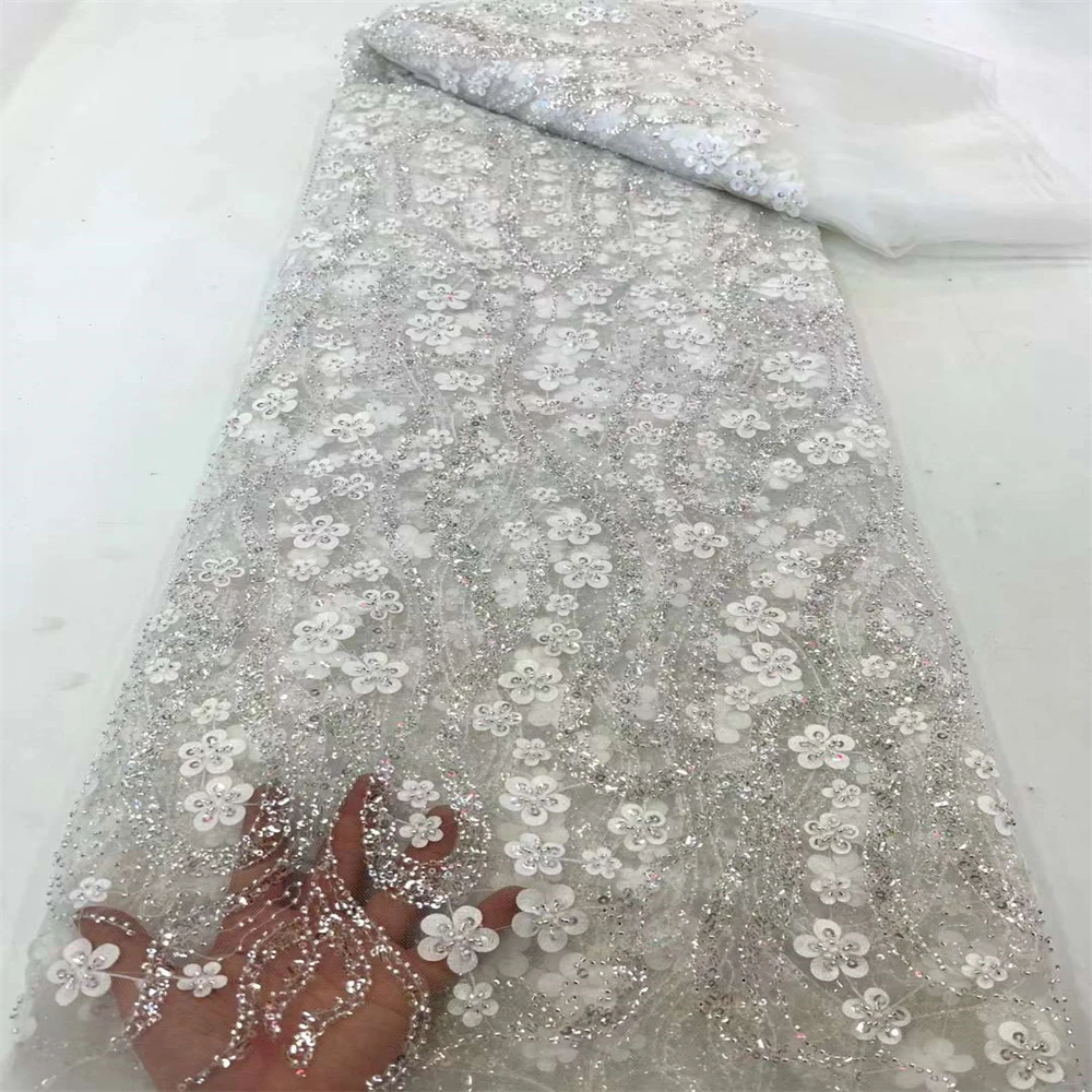 

5 Yards French Tulle Lace Fabric 2023 High Quality Nigerian Sequins Beaded Embroidery African Net Lace Fabric For Wedding XC-340