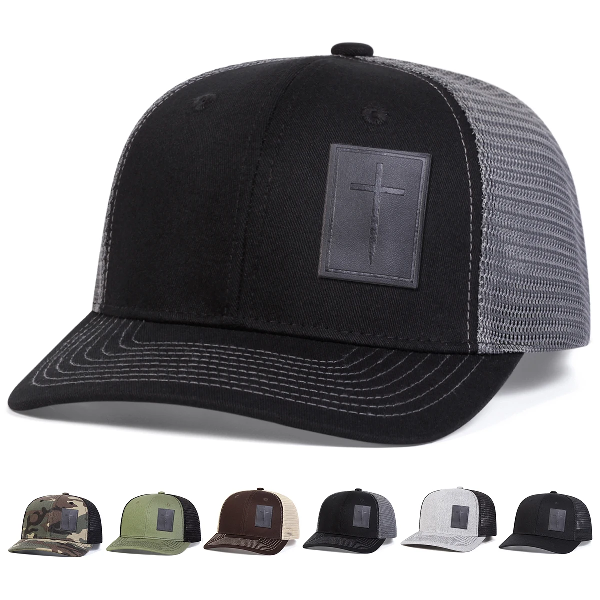 Unisex Cross Baseball-Netzkappen aus schwarzem Leder mit Etikett, für Frühling und Sommer, für den Außenbereich, verstellbare Freizeithüte, Papa-Hut, Sonnenschutzhut – Detail 1