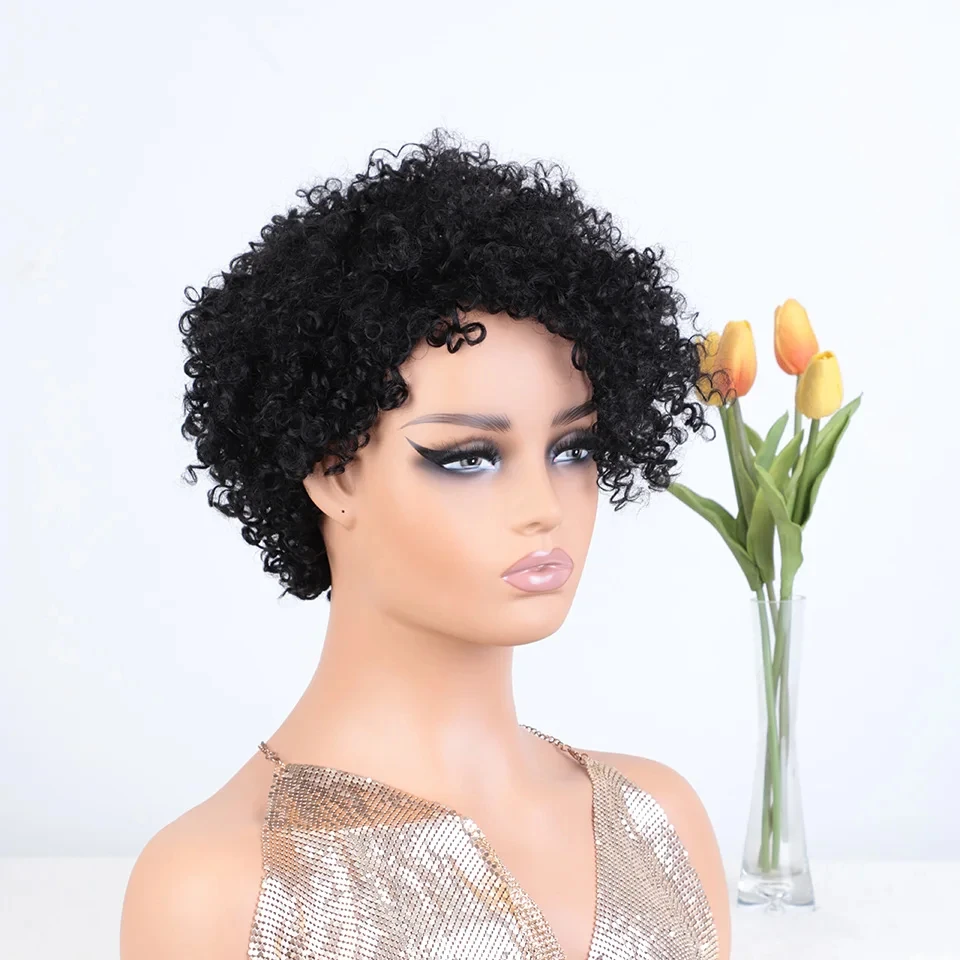8 inch Side Part Short Afro Kinky Curly Human Hair Wig Black Women Pixie Cut Kinky Curly Hair Full Machine Wig