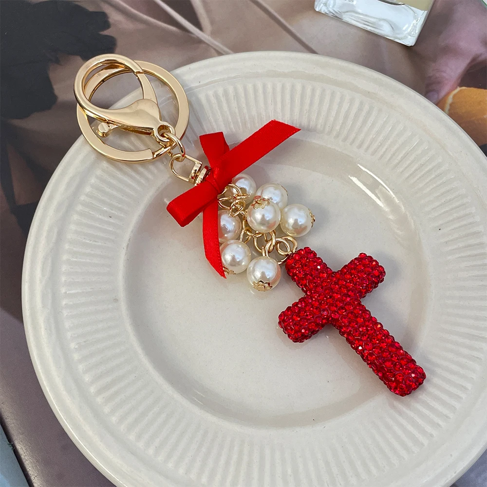 Portachiavi Ciondolo Borsa Strass Croce Rosso Metallo