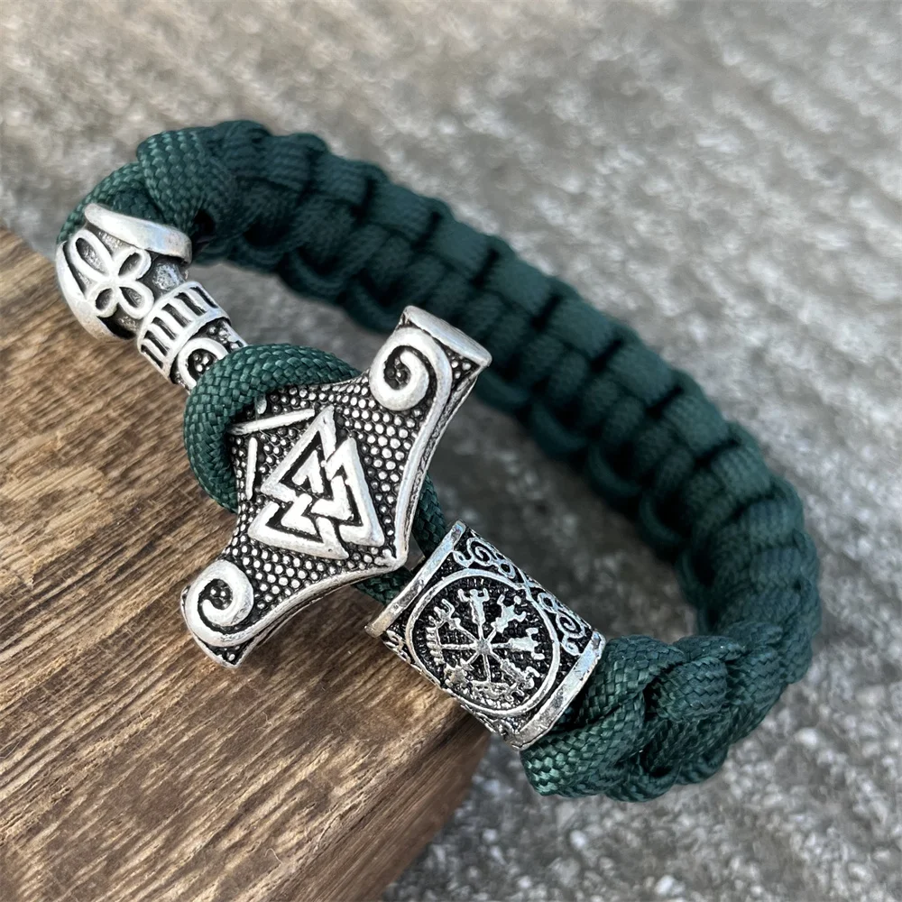 Viking Thor Hammer Valknut Vegvisir Runes Beads Jewelry Handmade Braided DIY Paracord Bracelet Mens Womens Accessories