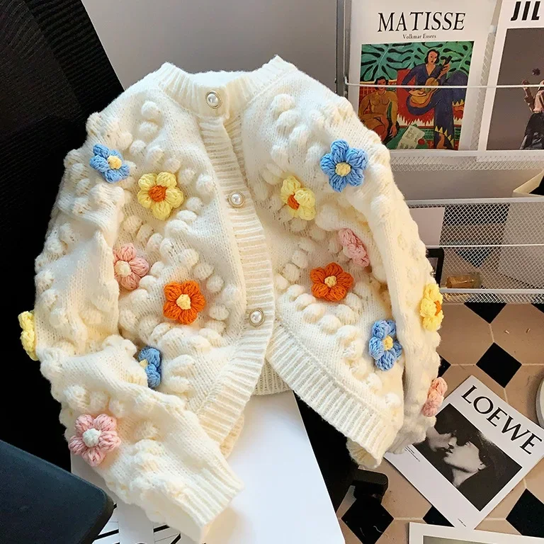 Jacquard Sweater Women Flower Embroidery Diamond Autumn