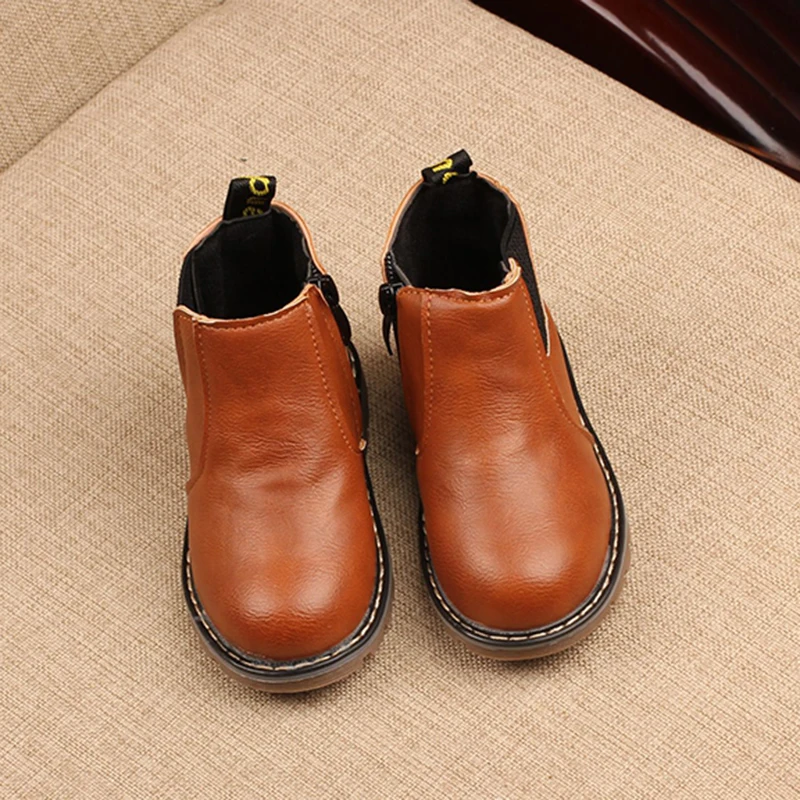 Baywell Korean Style Children's Leather Boots Fashion Casual Short Boots Retro Waterproof Solid Color 1-5 Years