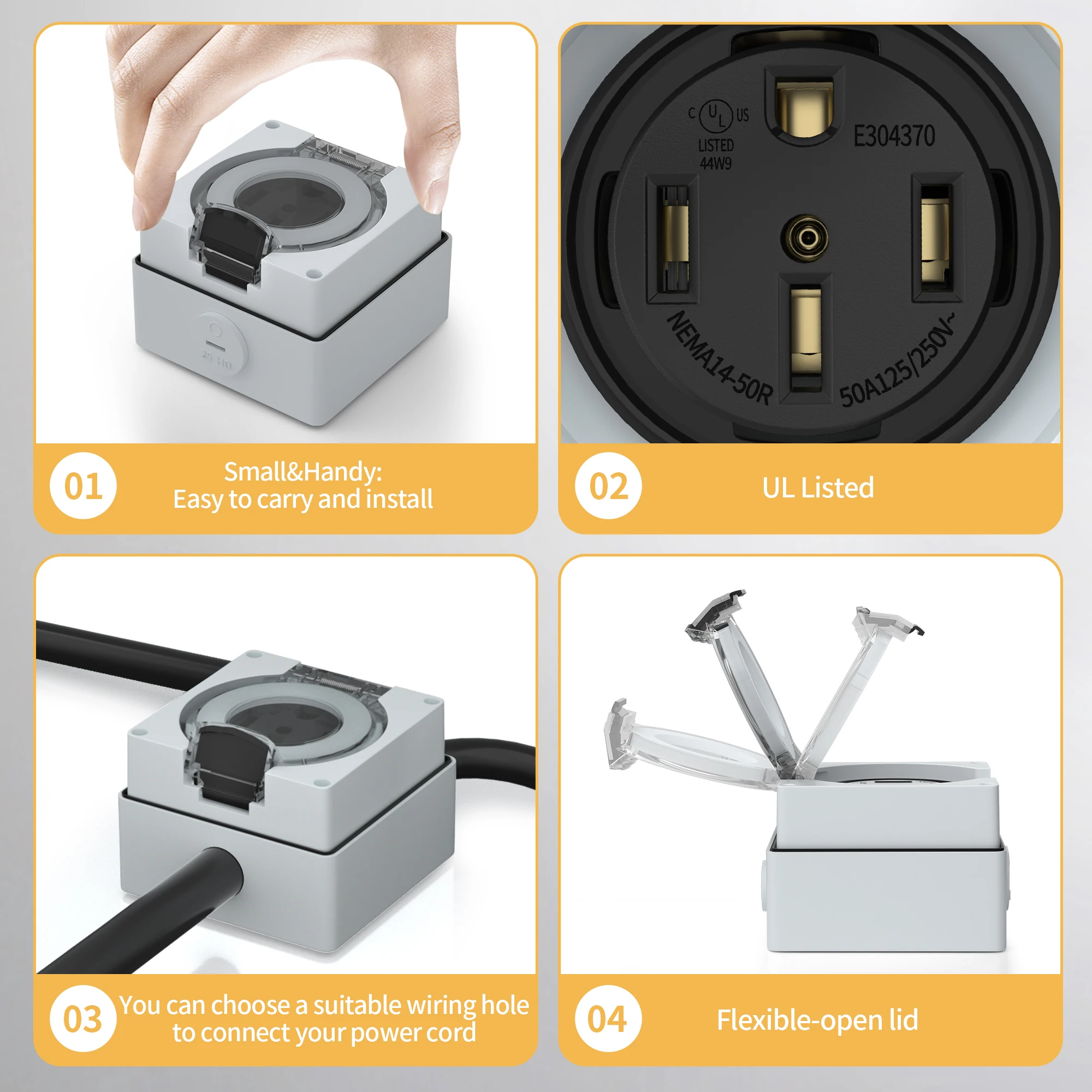 50 Amp RV Outlet Box rv outlet box 125/250V NEMA 14-50R RV Receptacle Weatherproof Electrical Power Outlet Panel for Camper Trailer