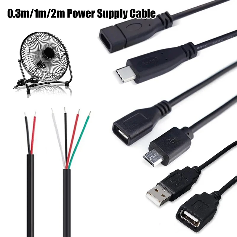 0.3m/1m/2m Power Supply Cable 2 Pin USB 2.0 A Female Male 4 Pin Wire Jack Charging Cord Extension Connector 5V Line