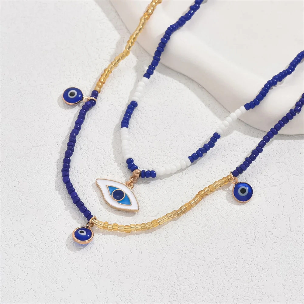 Double Layer Blue Beads Cute Eye Pendant Anklets For Women Gold Color Foot Chain Ankle Bracelet Beach Jewelry Summer Accessories