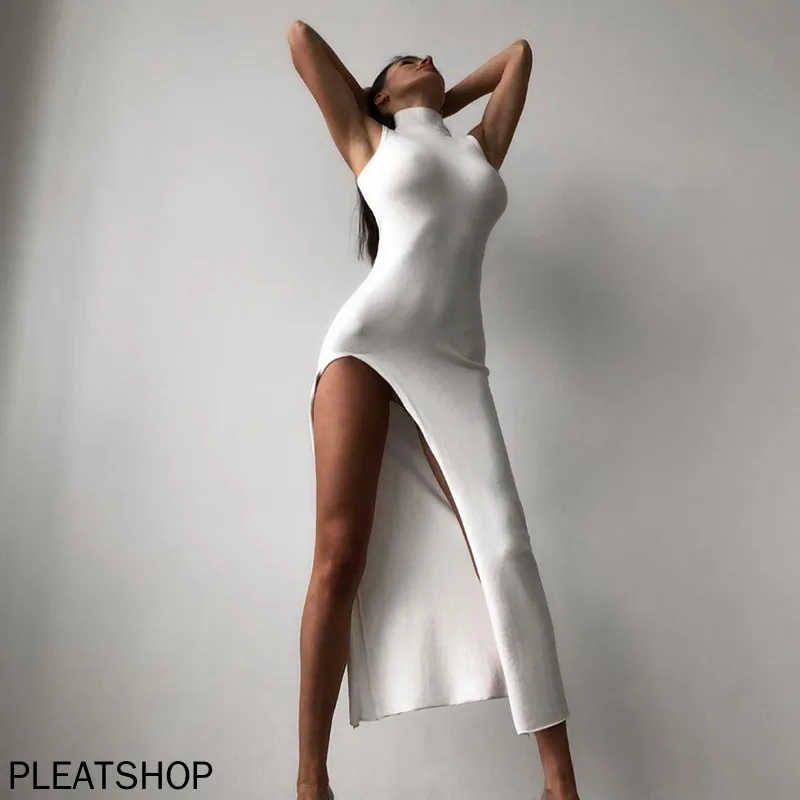 

Женское платье без рукавов с высоким воротником, тонкий разрез, средней длины, элегантная одежда, Европейская и американская мода, Новинки