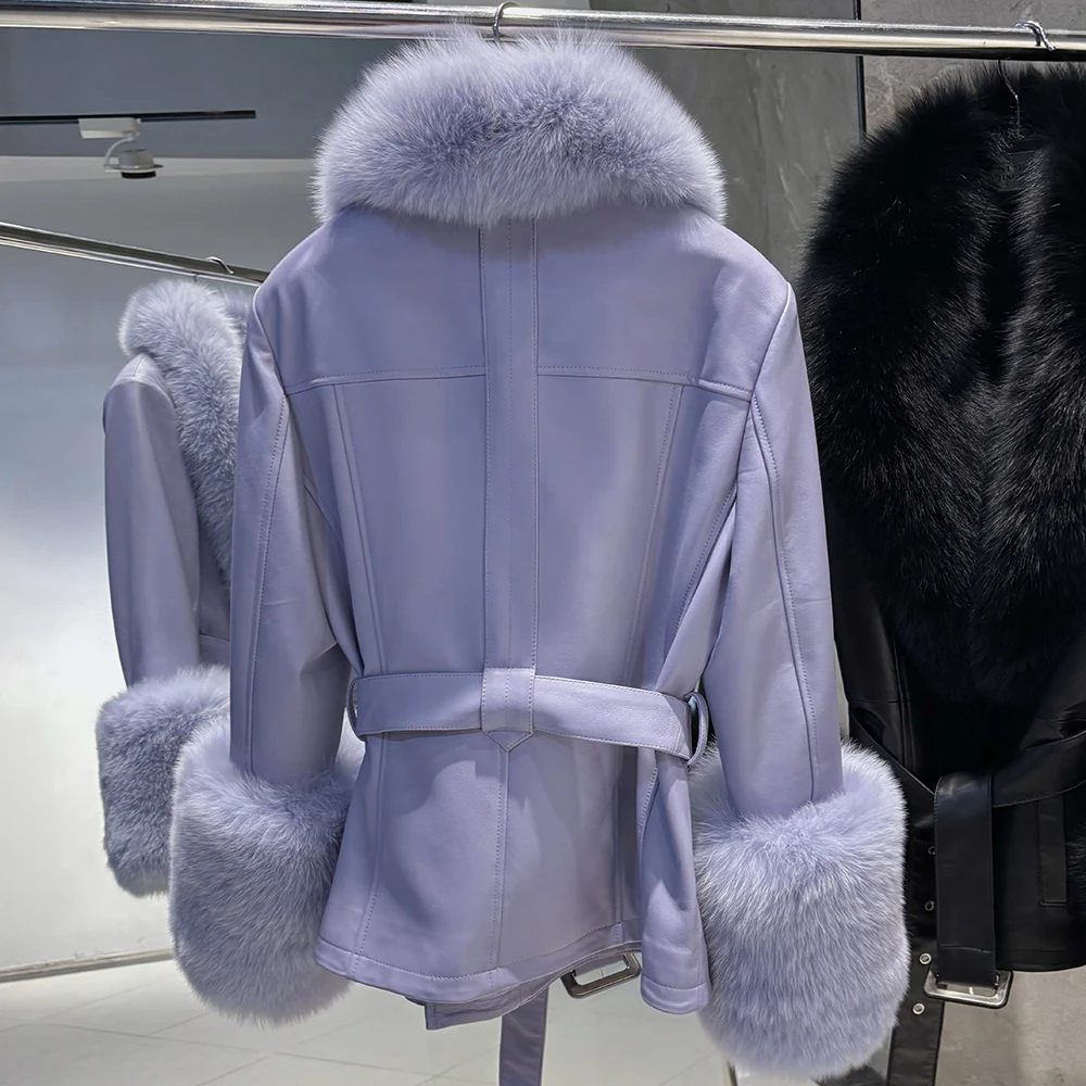 YOLOAgain Real Fox Fur Collar Genuine Leather Jacket Women