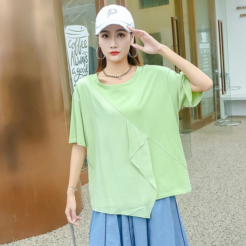 

230428 Women Casual Irregular T-shirt 2023 Summer New Fashion Solid Color Loose Fashion Simplicity New All-match Women Top Trend