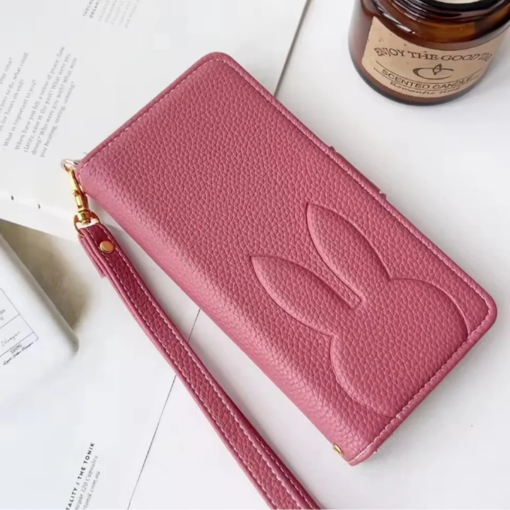 Charming 3D Rabbit & Floral Leather Phone Wallet Case with Card Slot Flip Cover