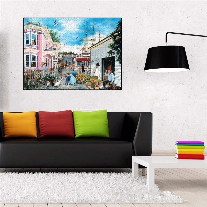 69*51cm Paper Jigsaw Puzzle 1000PCS Dock Town Landscape Painting Educational Entertainment  Adult Children Toys Christmas Gift 5