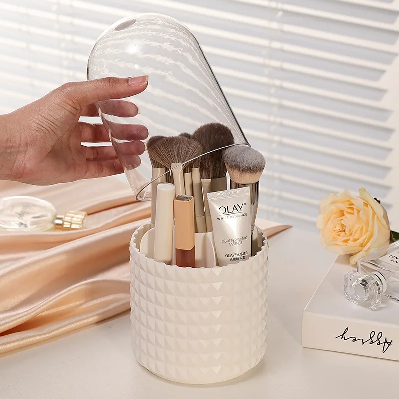 

Transparent Acrylic Rotating Pen Holder with Cover Dustproof Brush Organizer Desktop Cosmetic Storage Box