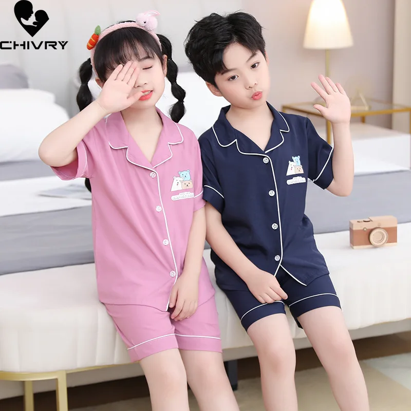 

New 2022 Kids Boys Girls Silky Pajamas Cartoon Short Sleeve Lapel Shirt Tops with Shorts Baby Summer Loose Sleeping Clothes Sets
