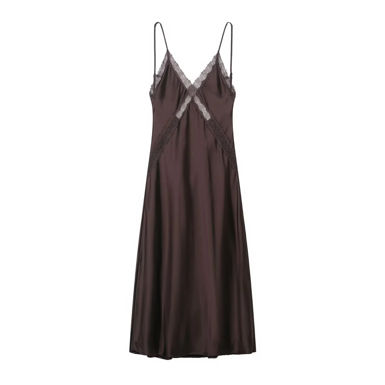 Women's Dress Elegant Midi Silk Satin Lace Dress Female High Waist Slim Fit Long Dress Spaghetti Holiday Party Strap Long Dress