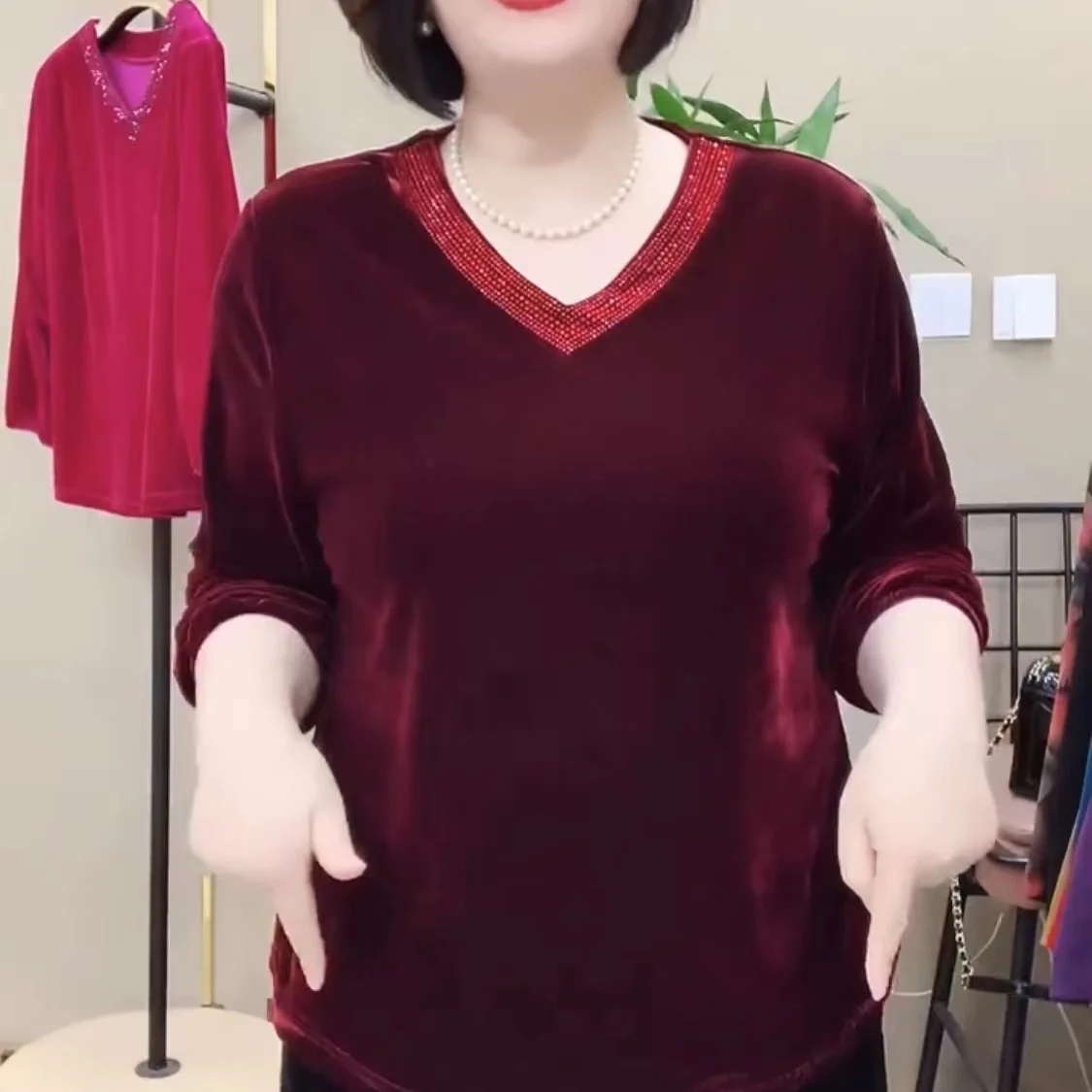 2024 herbst Neue Modische Lose Samt Top für Frauen V-ausschnitt Einfarbig Retro Elegante Pullover – Detail 8