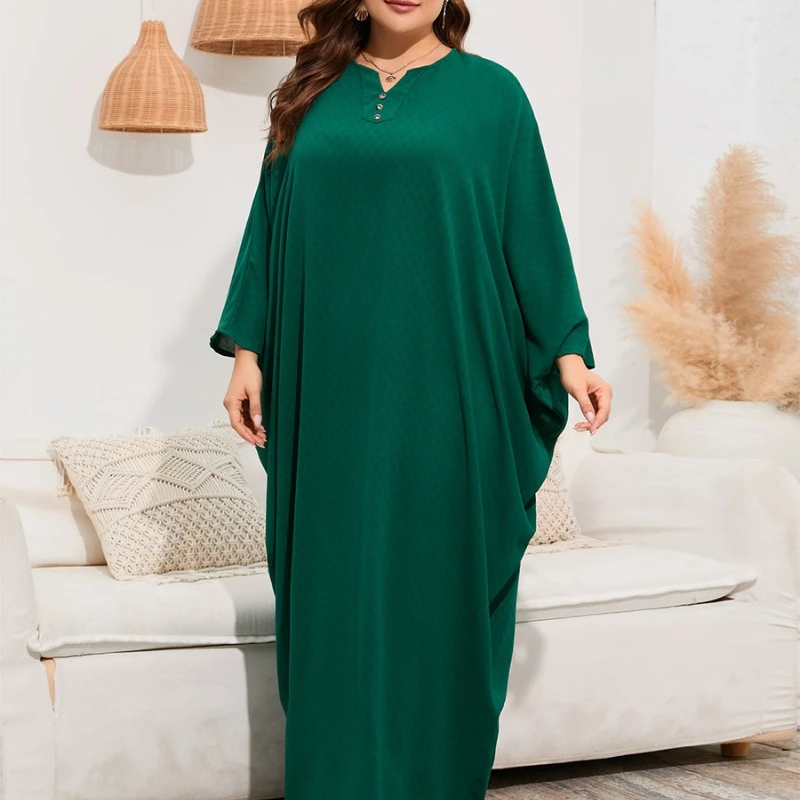

Loose Comfortable Plus Size Dress Women Elegant Batwing Sleeves Middle Eastern Dubai Turkey Arab Robe Blackish Green