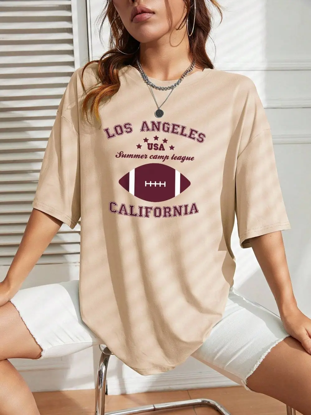 

Футболка женская хлопковая с принтом, Мягкая Повседневная Свободная рубашка с круглым вырезом, летняя лагерная лига Лос-Анджелеса, Калифорния, США