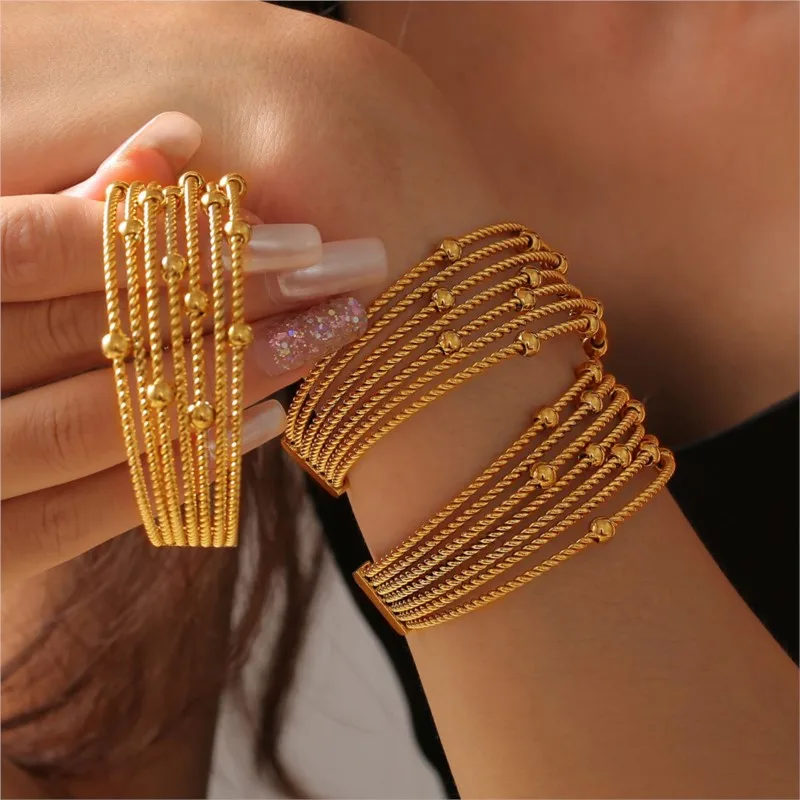 Twisted Circle Combining Beads Bracelet Bangles For Women Stainless Steel Gold Plated Elegant Women's Hand Bracelets Cuff Bangle 4