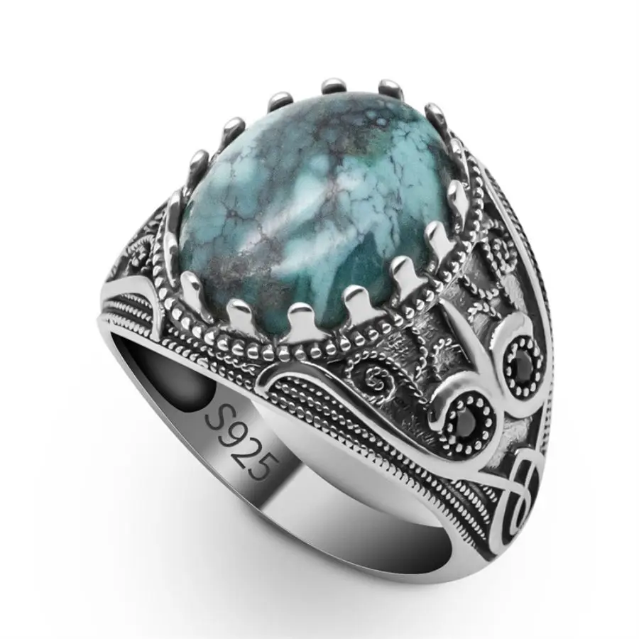 

100% Solid Real S925 High Quality 8g Pure Silver Men Ring Natural Turquoise Stone Fashion Couple Gift