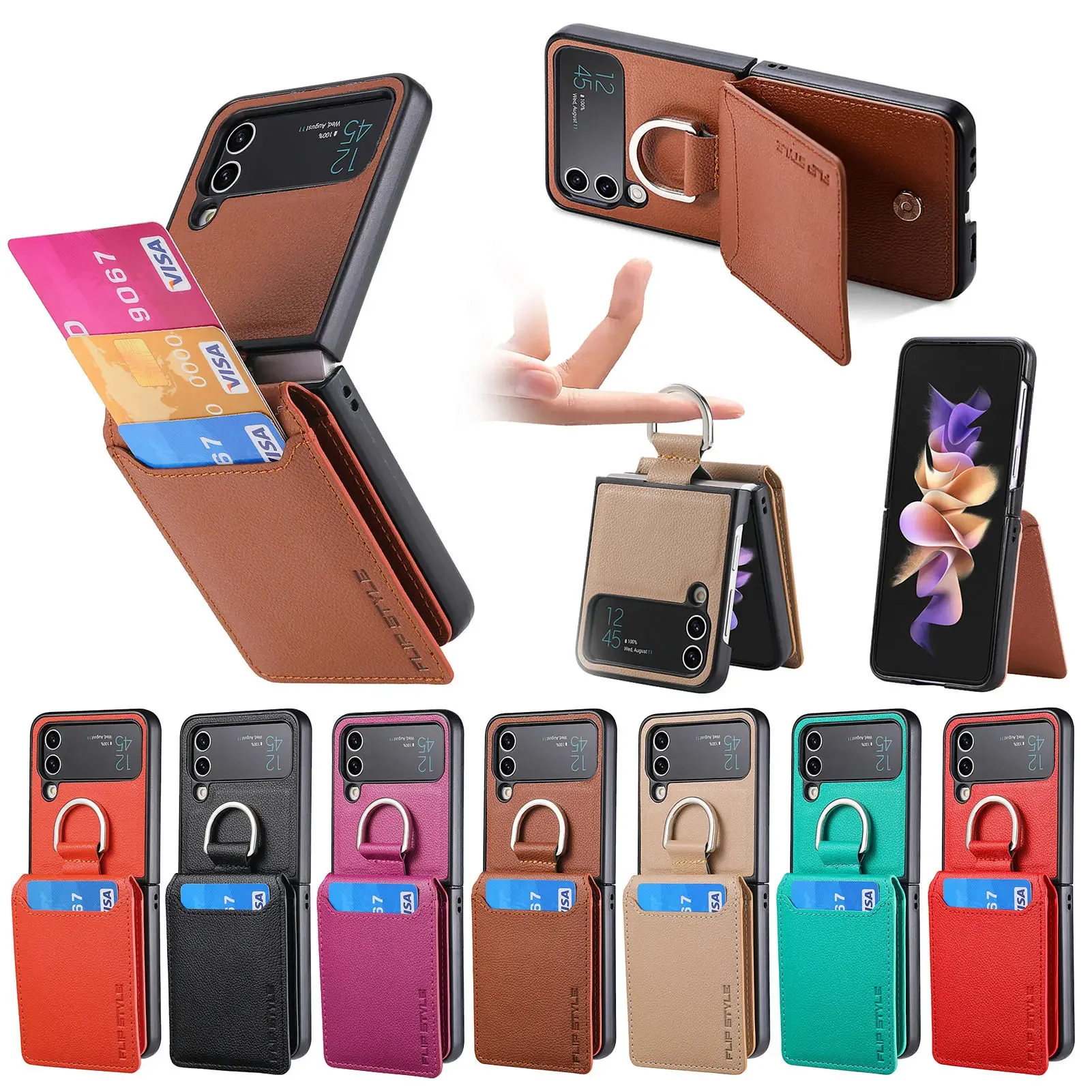 Vertical Magnetic Wallet Ring Holder Leather Case with Stand Feature
