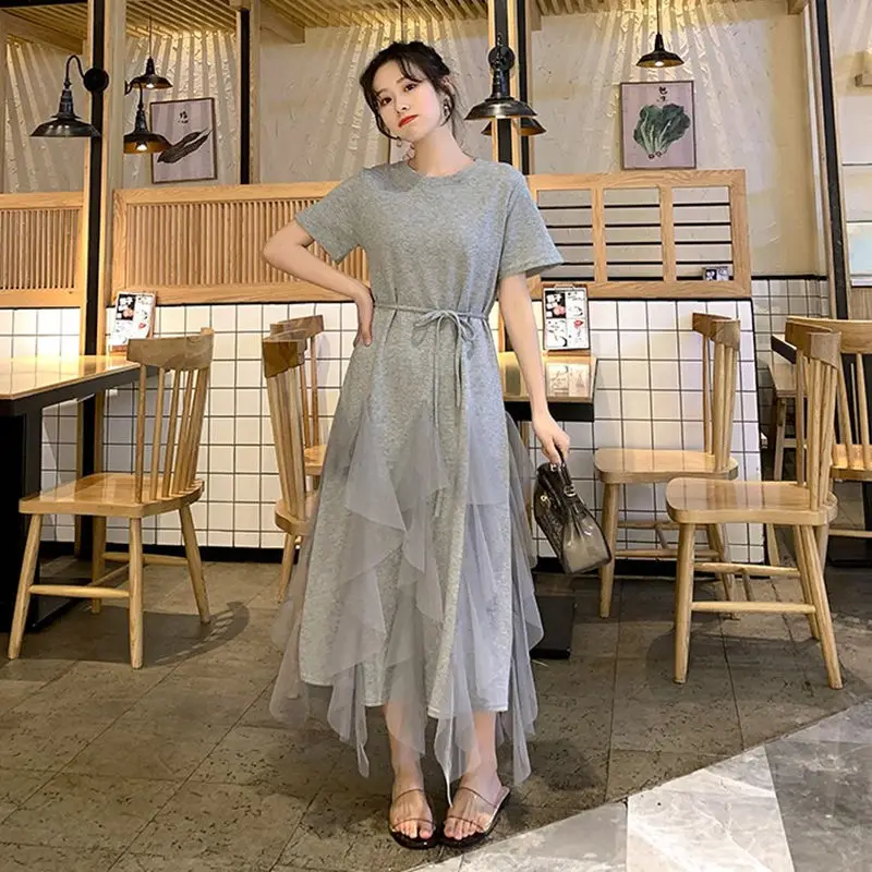 

Korean Net Yarn Patchwork Midi Dress Summer New Round Neck Short Sleeve Loose Ladies Dresses Casual Fashion Women Clothing
