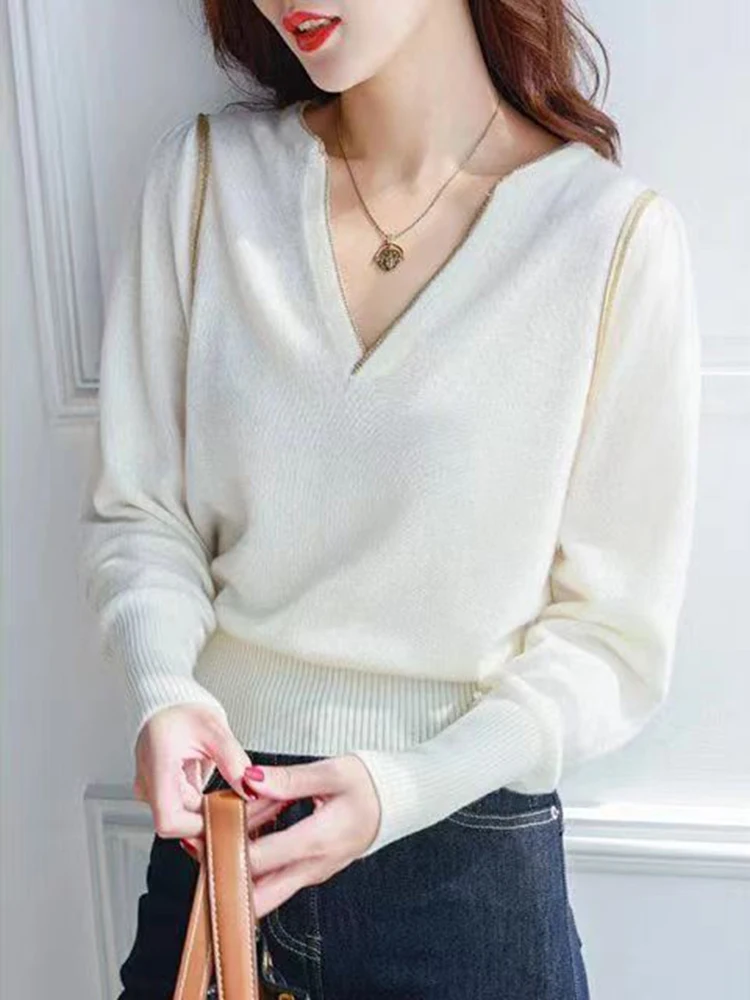 

White Long Sleeve Top Women Sweater V Neck Korean Fashion Woman Clothing Pullover Female Autumn Winter Casual Sweaters Knitwears