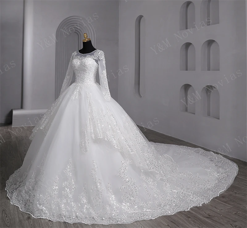 Sequined Ball Gown Full Sleeve White Wedding Dress Sweet 2 Layres Train Vintage Plus Size For Women Bridal Customized