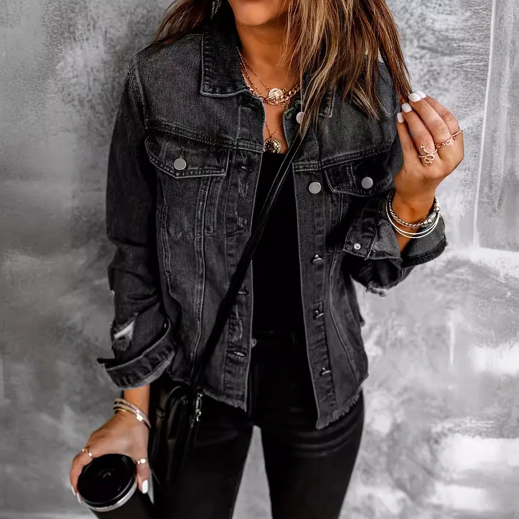 

Broken Hole Black For Women In 2024, New Street Trendy Shirt With Rough Edges, Washed Denim Jacket