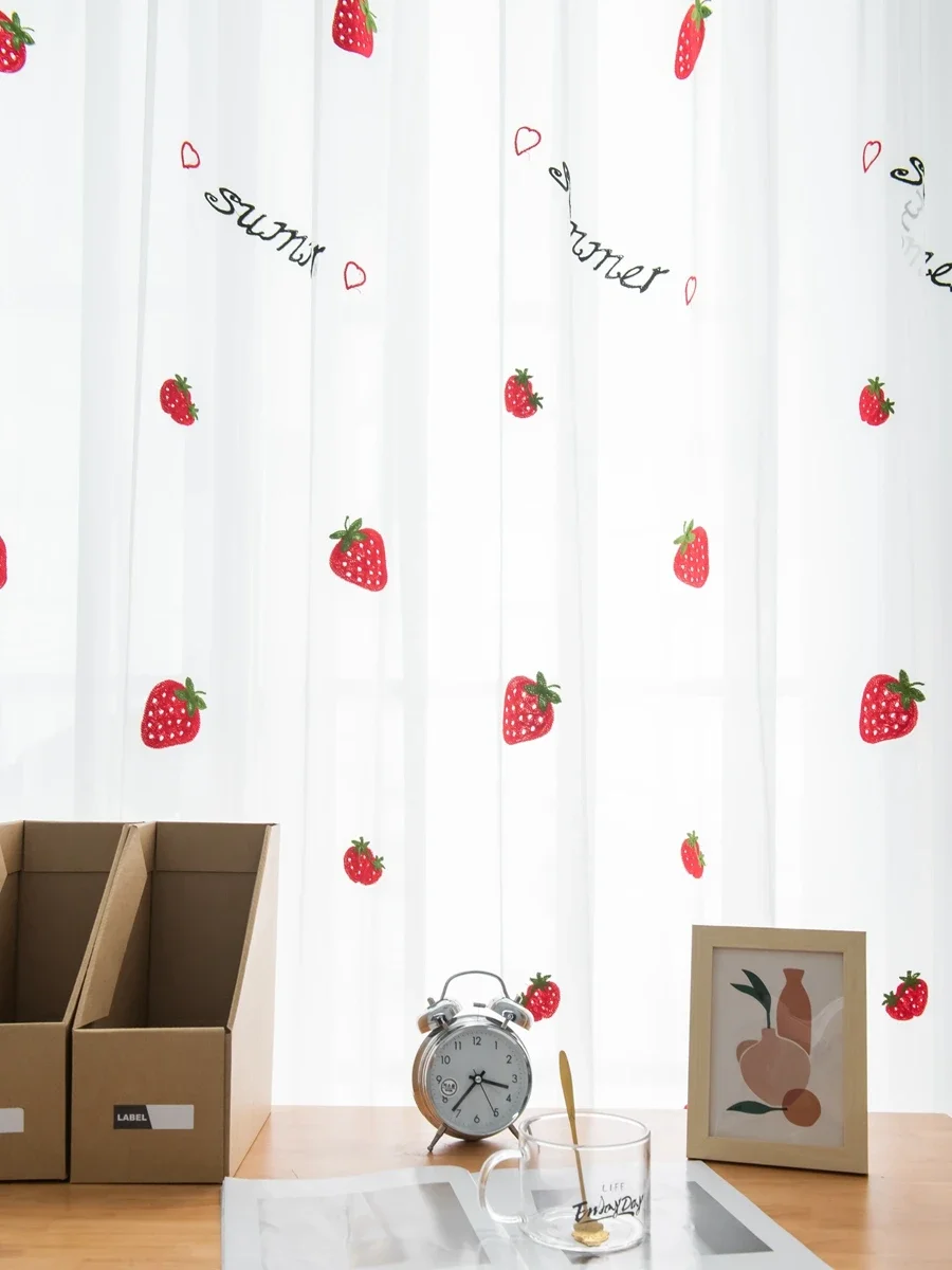Decor Curtains Embroidered Curtains Window Curtains Modern Minimalist Fruit Tulle For Kitchen Bedroom Cute Strawberry Embroidery Curtains For Bedroom For Living Room Home Decor