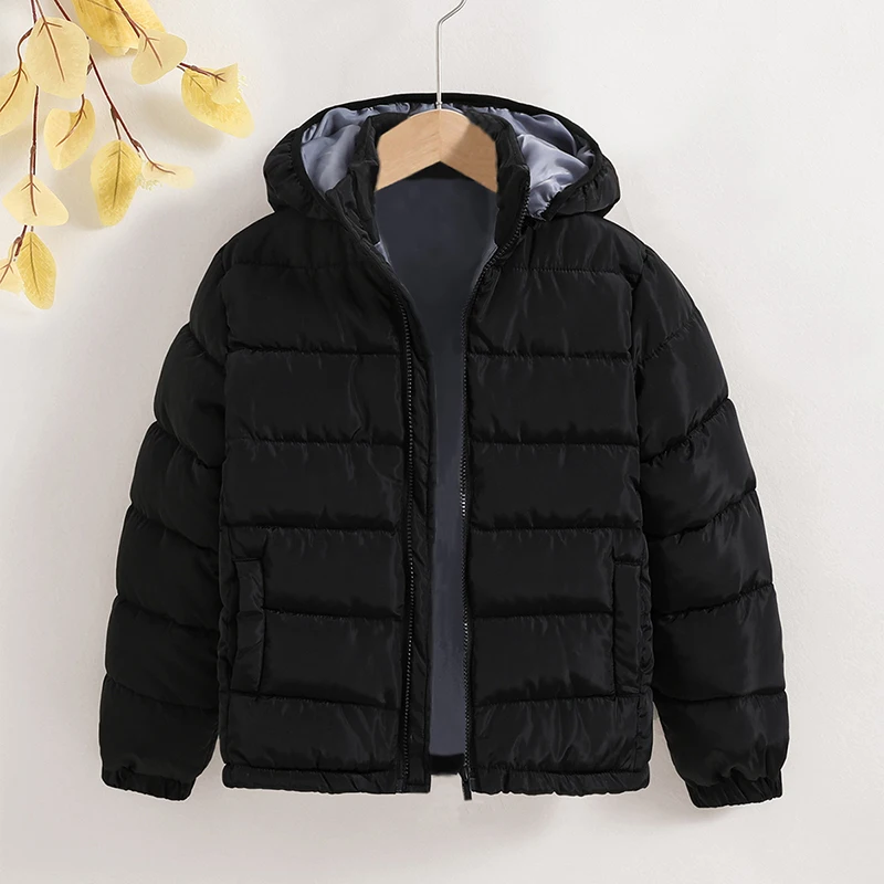 Winter New Jacket For Boy 8-12 Years Black Long-Sleeved Hat Detachable Padded Jacket For Boys Simple Style In Solid Color
