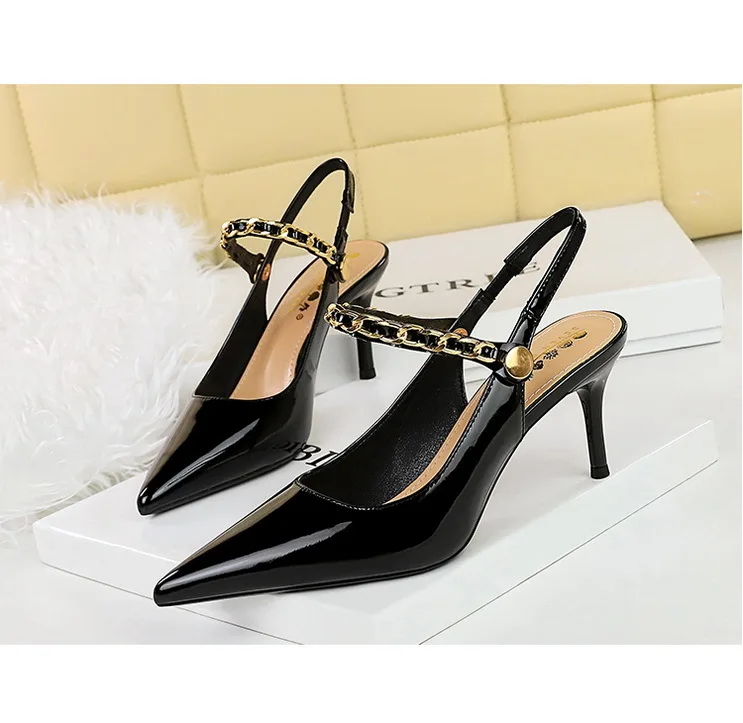 Shoes Metal Chain Women Pumps Patent Leather New Women 7 Cm 9.5 Cm Heels Women Summer Stilettos Sandals High Heels