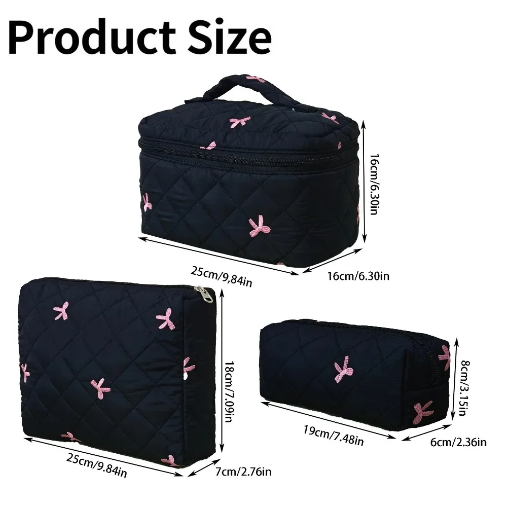 Black Portable Makeup Bag Large Capacity Pink Bow Quilting Cosmetic Pouch Handbag Ladies Travel Toiletry Storage Bag Women 2026