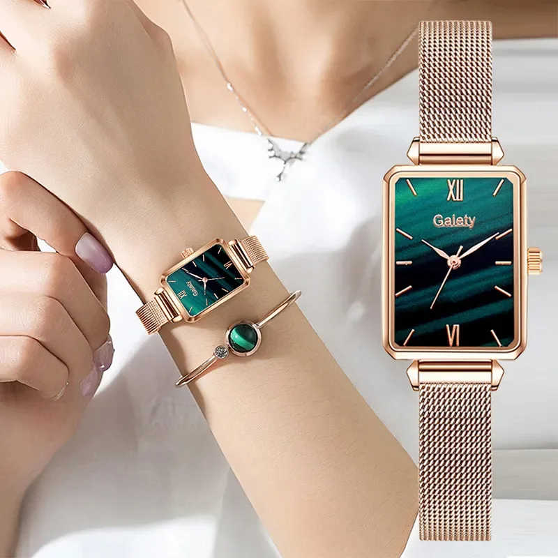 

Top Brand Women Watches Fashion Square Ladies Quartz Watch Bracelet Set Green Dial Simple Rose Gold Mesh Luxury Women Watches