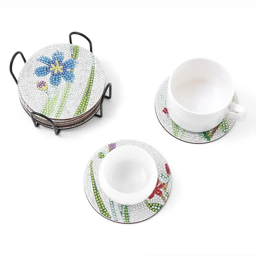 

[ NEW ARRIVALS ] 9pcs Flower Diamond Art Coasters With Holder Diy Diamond Painting Set Kitchen Drink Coaster Making Crafts
