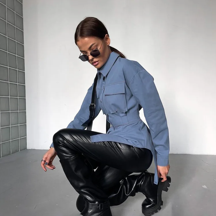 Lapel Patchwork Fashion Shirts For Women Slim Long Sleeve Pocket High Waist Autumn 2025 Cardigan Vintage Shirts Streetwear