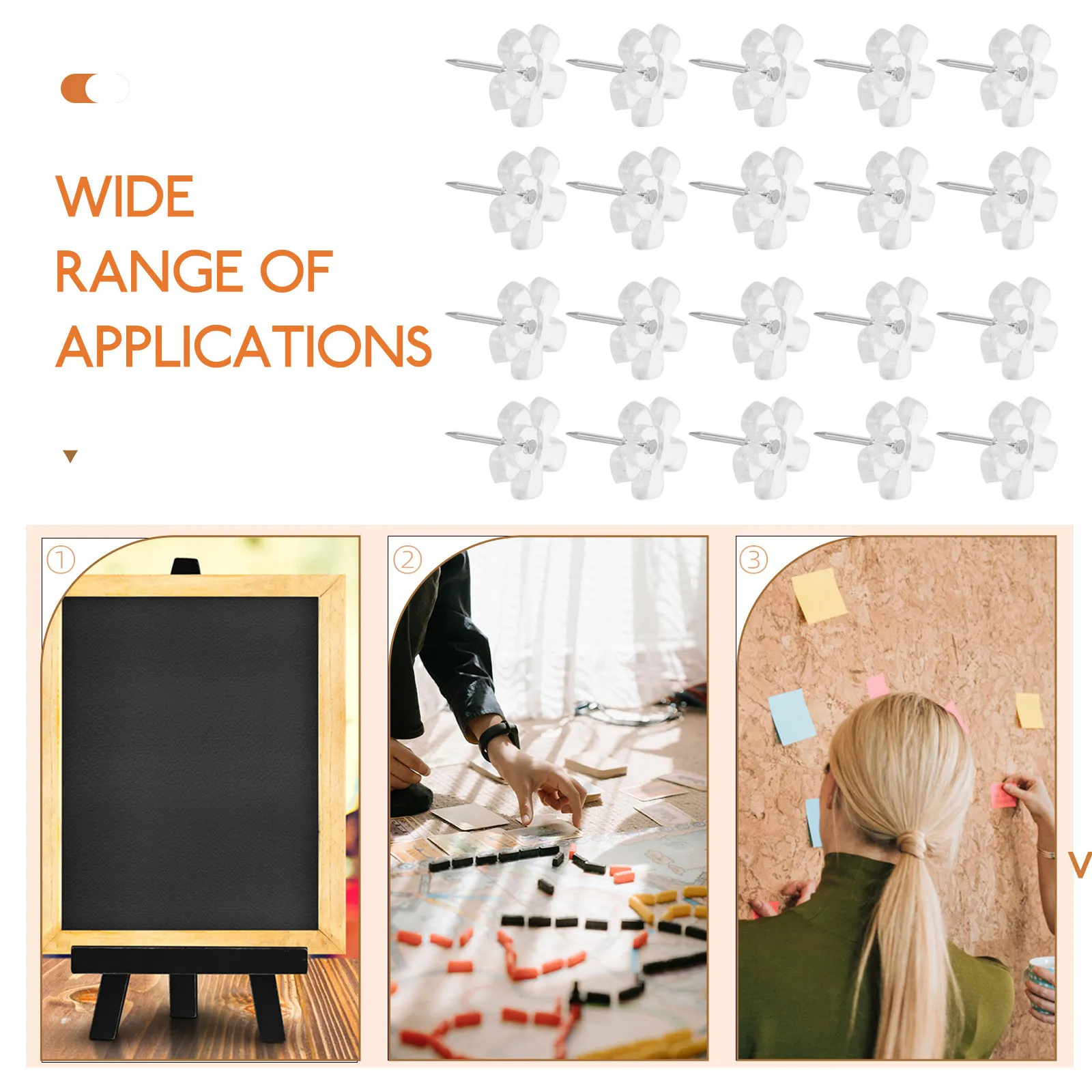 200Pcs 꽃무늬 압정핀, 투명 플랫 푸시핀, 게시판, 코르크보드, 벽, 사진, 지도, 사무실 책상 액세서리, 튼튼한 제품