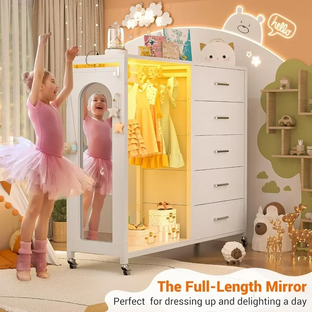 Children's wardrobe with clothes hanger and mirror, white 5-drawer wardrobe with charging station LED lights, drawers can roll