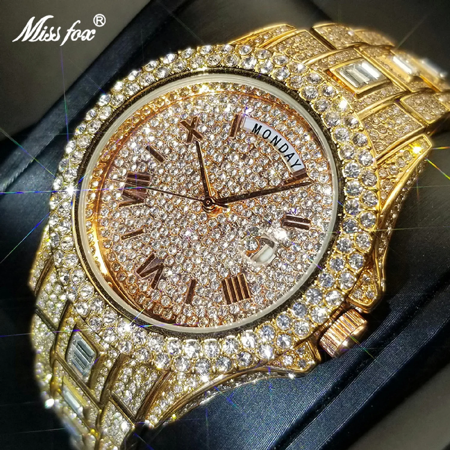 

New Day Date Men's Watches Top Brand Full Moissanite AAA Quartz Watch For Men Hip Hop Style Iced Out Rose Gold Wristwatch 2023