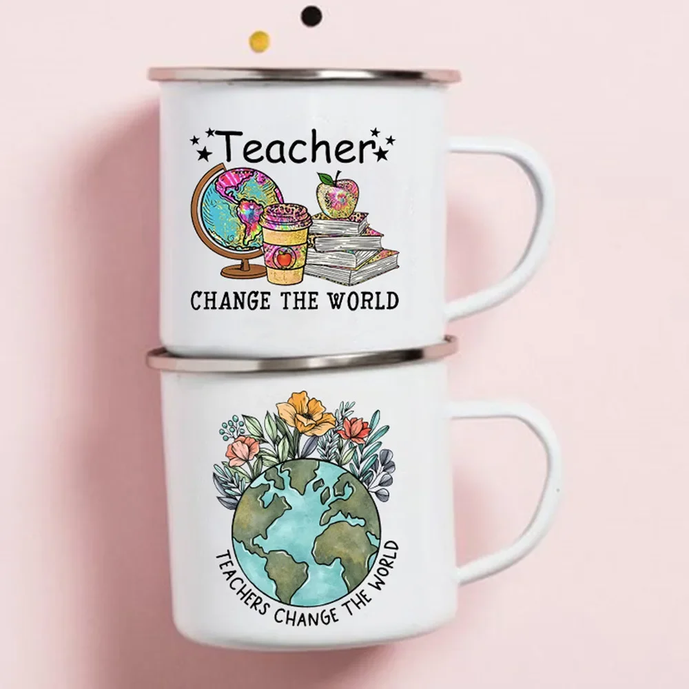 

Teacher Change The World Print Mugs Creative Coffee Cups Drinks Water Milk Enamel Mug School Home Handle Drinkware Teacher Gifts