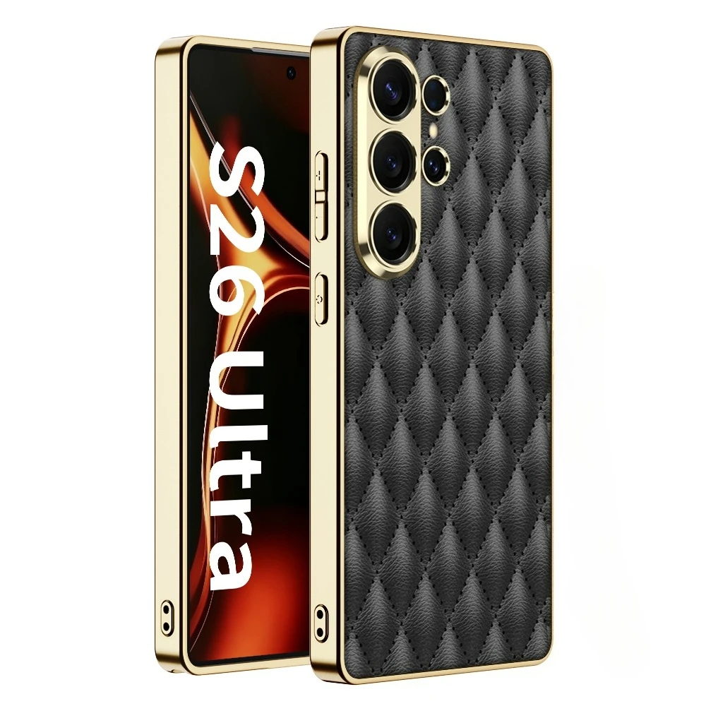 Ultra-Thin Electroplated Gold Border Frosted Leather Pattern Case with Diamond Grid Design