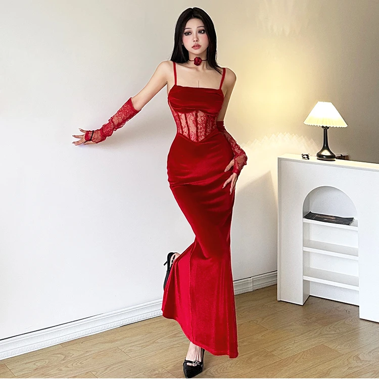 Sexy Bodycon Velvet Dresses for Women Spaghetti Strap Corset Slim Waist Slit Evening Party Dress Prom Robe Christmas Vestidos