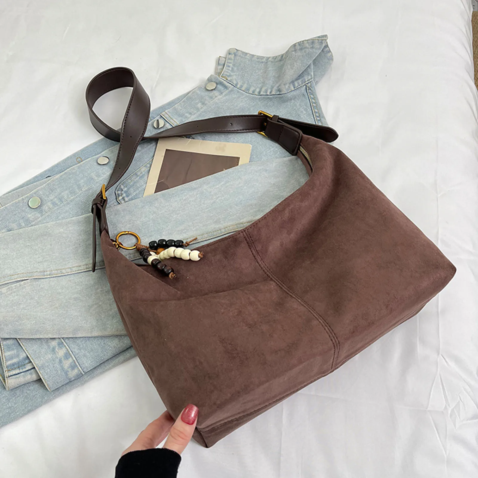 Faux Suede Top Handle Handbag Solid Color Slouchy Dumpling Bag Commute Underarm Bag Retro for Woman Everyday Carry