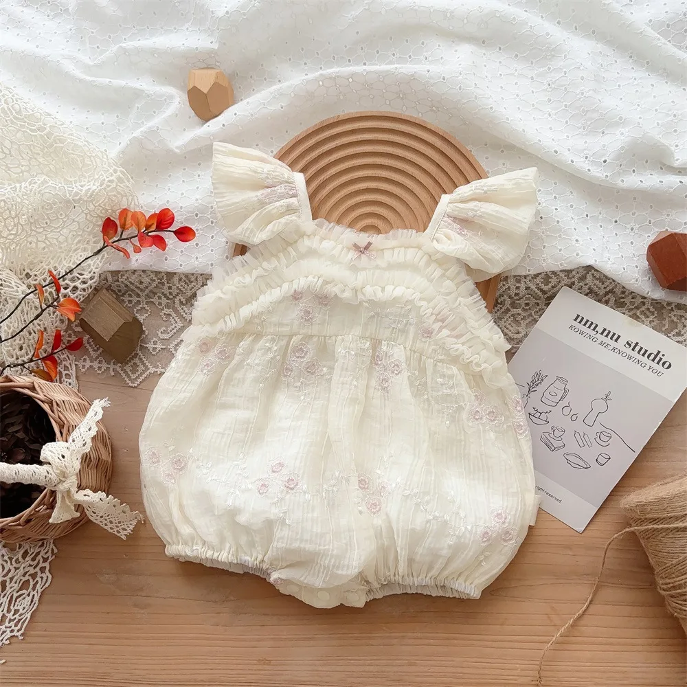 

Summer Baby Girls Rompers Embroidery Flying Sleeve Mesh Flower Thin Slip Newborn Girl Bodysuit Infant Girls Outfits