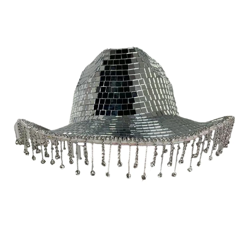 

Mirror Cowboy Hat Reflective Ball for Bachelorette Party Flickering Tassels Versatile for Club Stage Bar