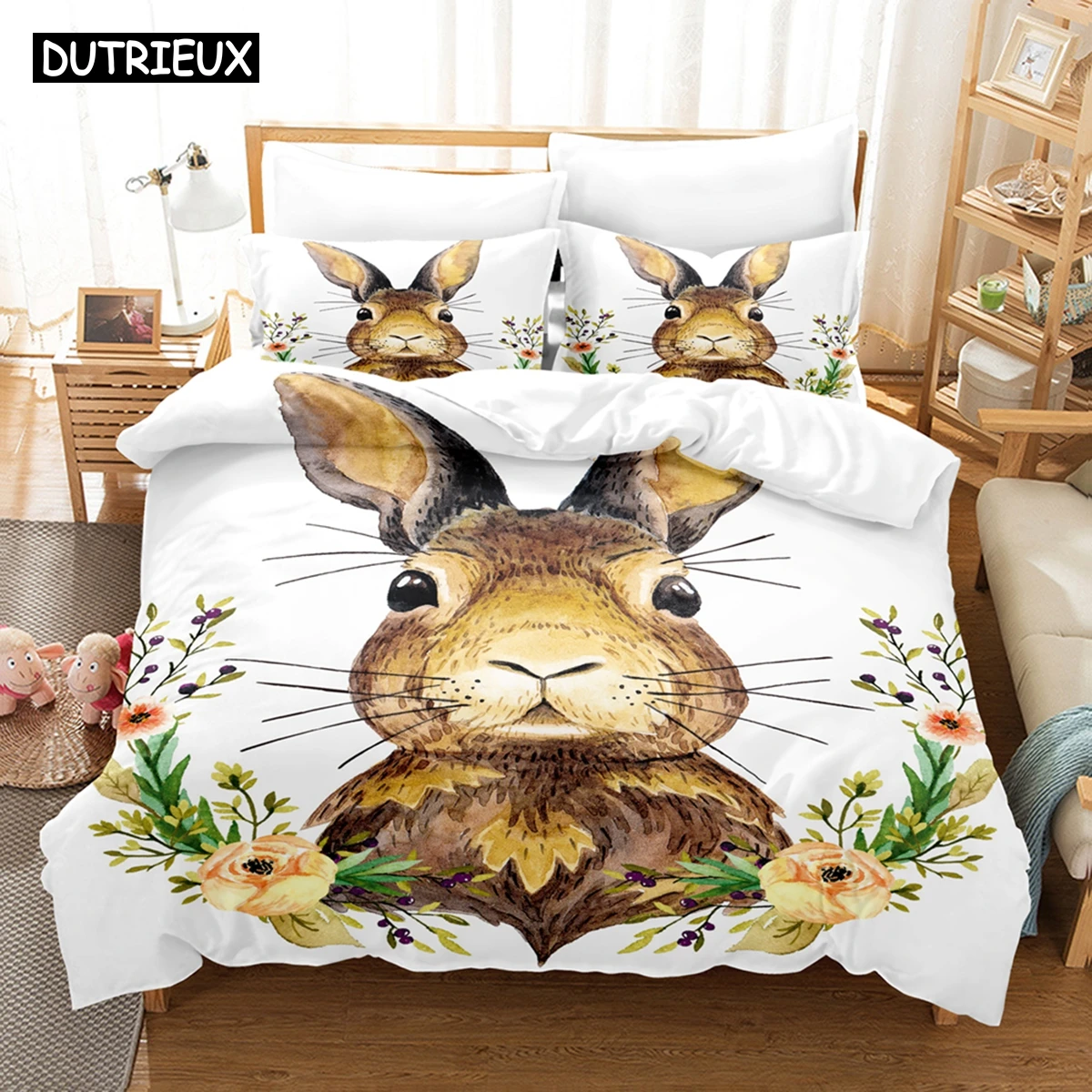 

3D Printed Animal Rabbit Bedding Set Down Quilt Cover With Pillowcase Double SIngle King
