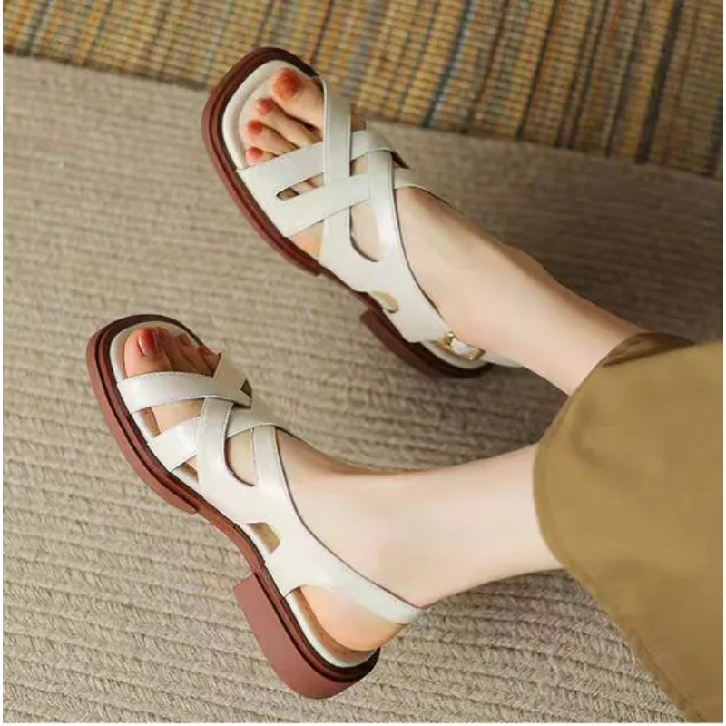 

New Summer Sandals Women Square Toe Split Leather Gladiator Shoes Chunky Heel Back Strap Sandals for Women High Heels Sandals