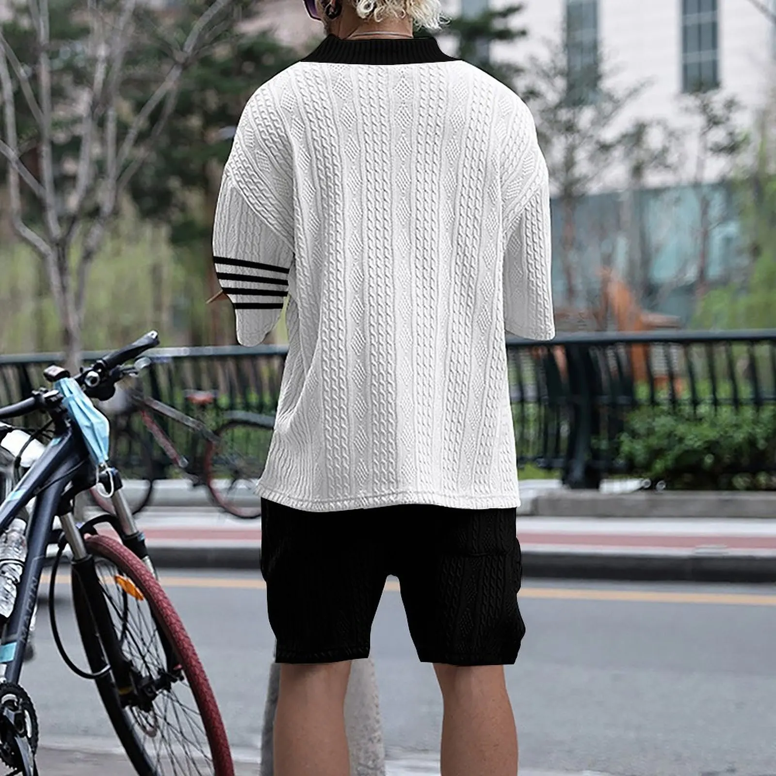 2024 AliExpress Cross border Casual Jacquard Set for Men's Summer Loose Short sleeved T-shirt Shorts V-neck Sports Set Two piece 2