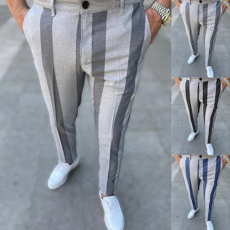 

Men's Fashion Spring Atutumn New Stripe Patchwork Business Casual Slim Fit Full Length Pants Male Trousers Clothing Pants